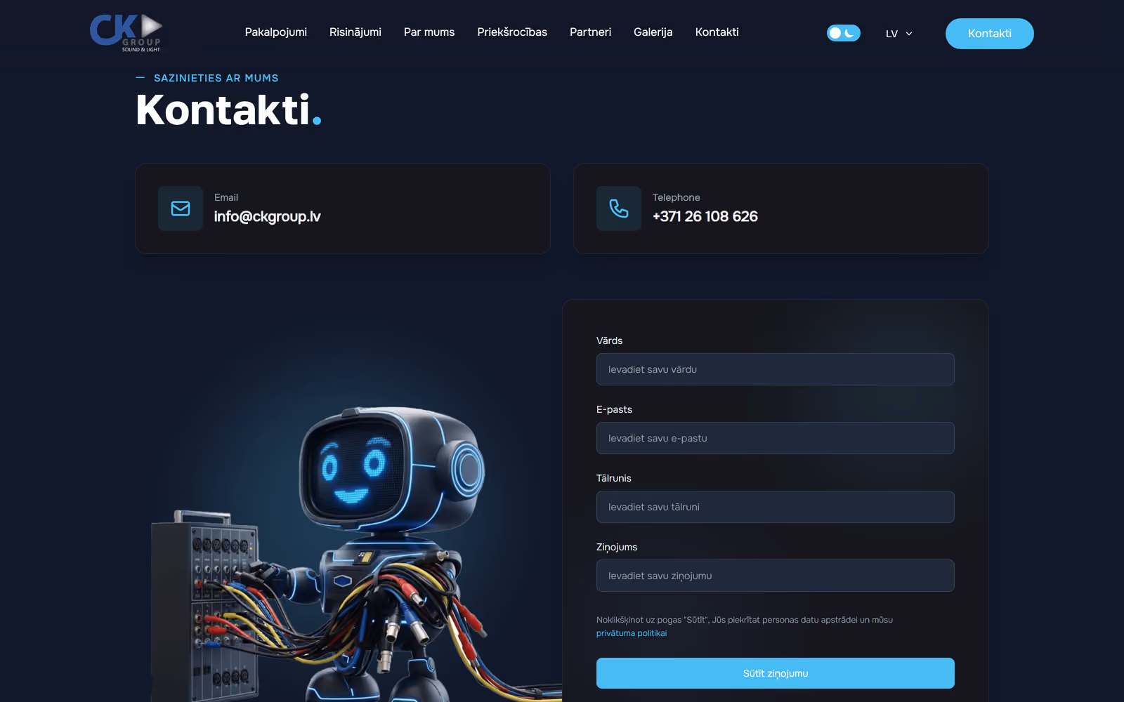 Kontaktu lapa ar pieteikuma formu uz datora